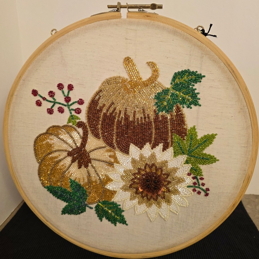 Acorn Oak Harvest Collection Beaded Pumpkin Sunflower Embroidery Hoop Wall Decor